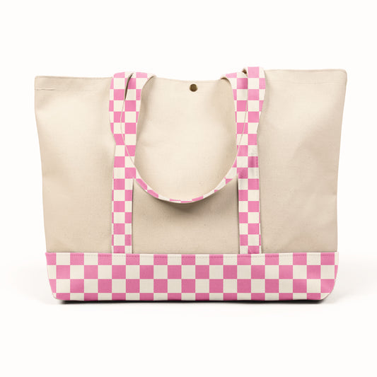 Pink Checkered XL Canvas Tote Bag